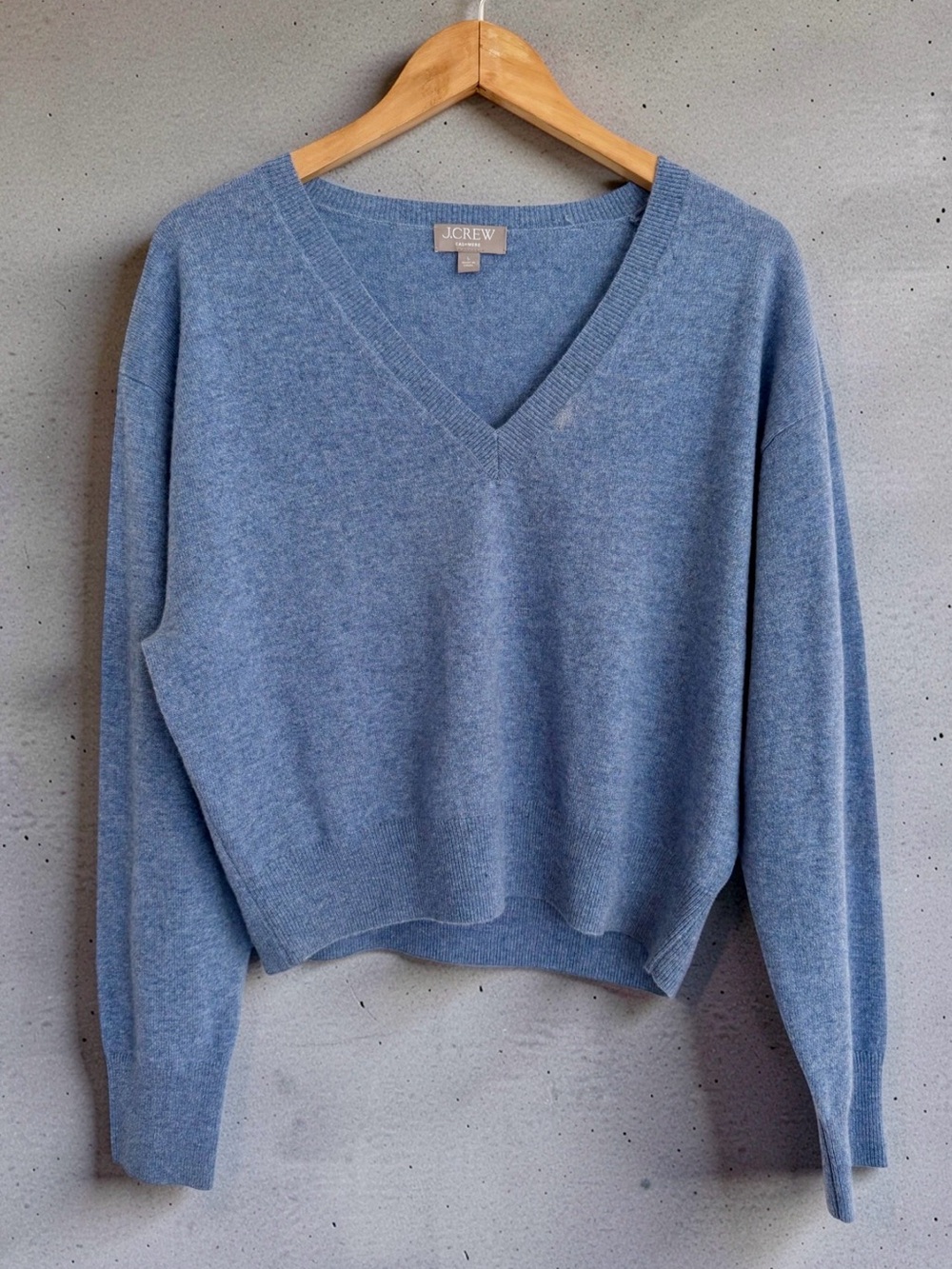 J.Crew Cashmere Cropped V-Neck Sweater Blue Heather Knit Women's Size L